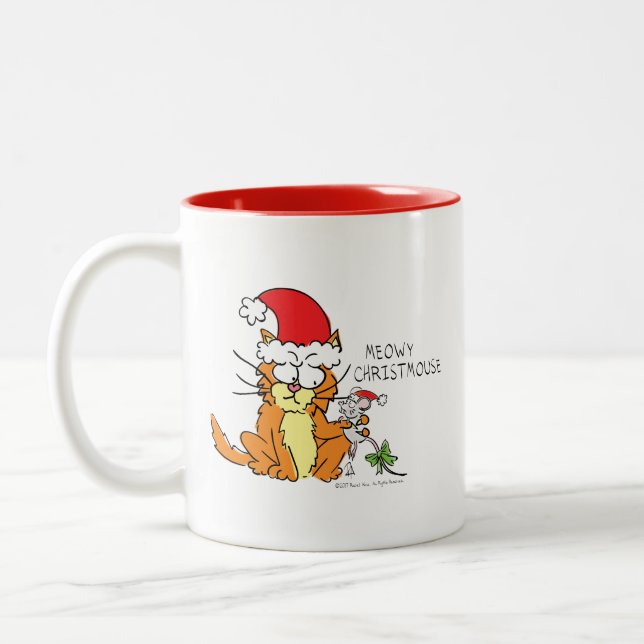 Cat Mouse Christmas Funny Cartoon Niedlich Zweifarbige Tasse (Links)