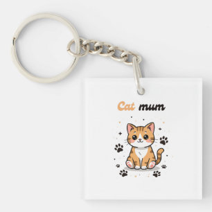 Cat Mum - Cute Orange Tabby Cartoon with Paw Print Schlüsselanhänger