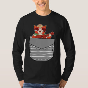 Cat Music Instrument Ukulele in Pocket T-Shirt