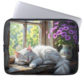Cat Napping on the Window Sill | Purple Flowers Laptopschutzhülle