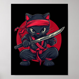 Cat Ninja Samurai Japan japanische Flagge Kawaii F Poster
