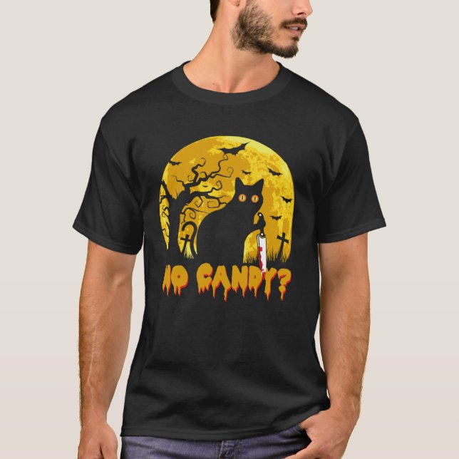 Cat No Candy Murderous Cat With Knife Halloween Co T-Shirt (Vorderseite)