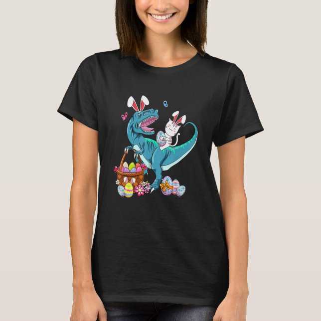 Cat Oaster Bunny Riding Dino Trex Egg Hunt Dinosau T-Shirt (Vorderseite)