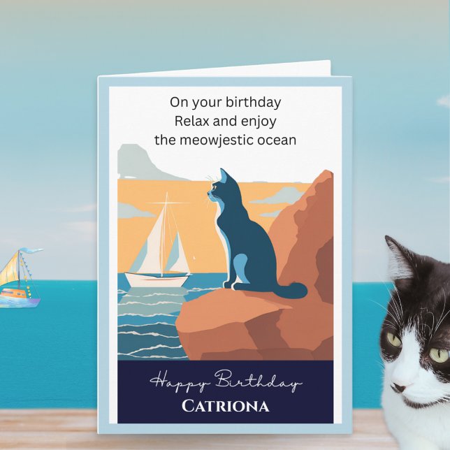 Cat Ocean View Retro Personalisiertes Glück Geburt Karte (A personalized birthday card with picture of a cat looking out to sea and funny caption)
