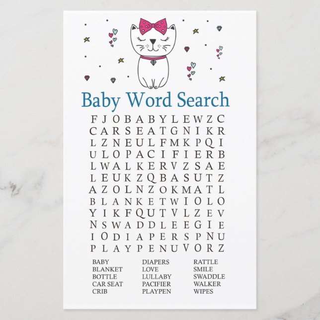 Cat oder Kitten Baby Dusche Word Search Game (Vorderseite)