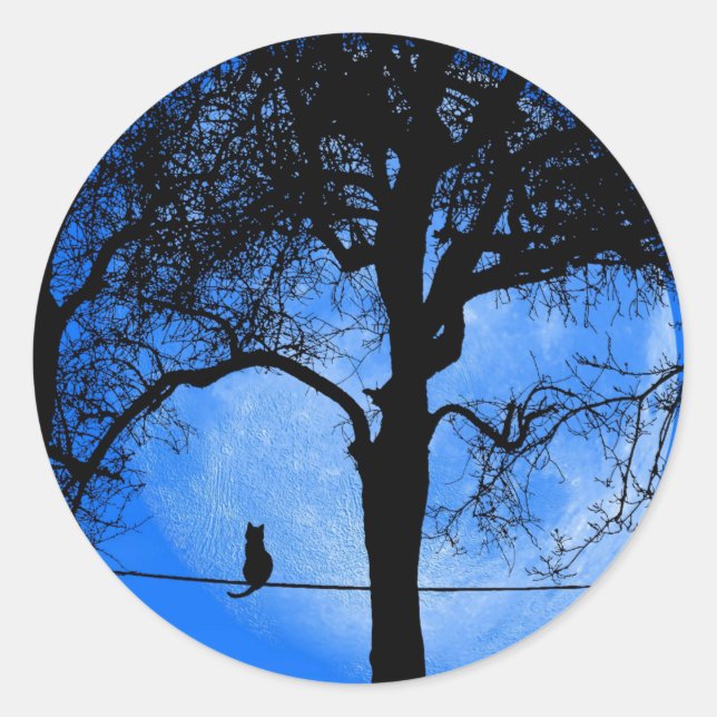 Cat on a Wire Blue Moon Runder Aufkleber (Vorderseite)