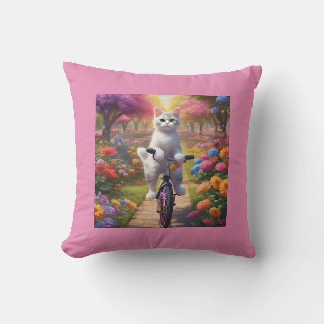 Cat on Bicycle in farbenfroher Blume Szene Kissen (Vorderseite)