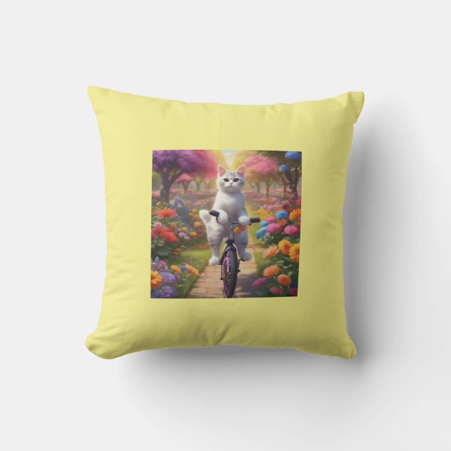 Cat on Bicycle in farbenfroher Blume Szene Kissen (Vorderseite)