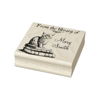 Cat on Books Personalisierte Wood Art Briefmarke f Gummistempel