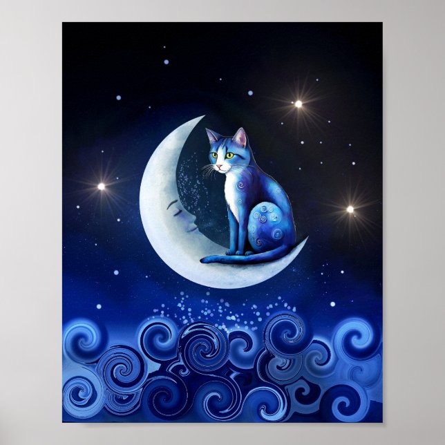 Cat on Crescent Moon blue Cat 773 Poster (Vorne)