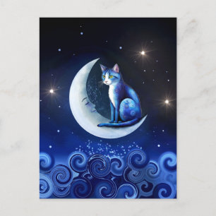 Cat on Crescent Moon blue Cat 773 Postkarte