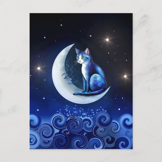 Cat on Crescent Moon blue Cat 773 Postkarte (Vorderseite)