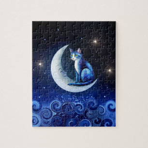 Cat on Crescent Moon blue Cat 773 Puzzle