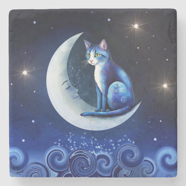 Cat on Crescent Moon blue Cat 773 Steinuntersetzer (Vorderseite)