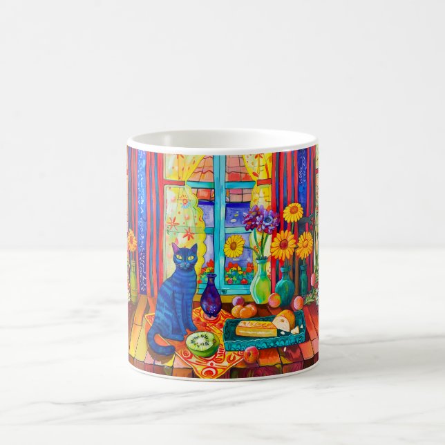 Cat on Kitchen Table by Window Kaffeetasse (Mittel)