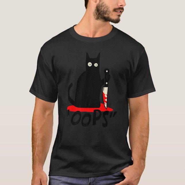 Cat Oops Black Cat Murderous Katze mit Knife Halbe T-Shirt (Vorderseite)