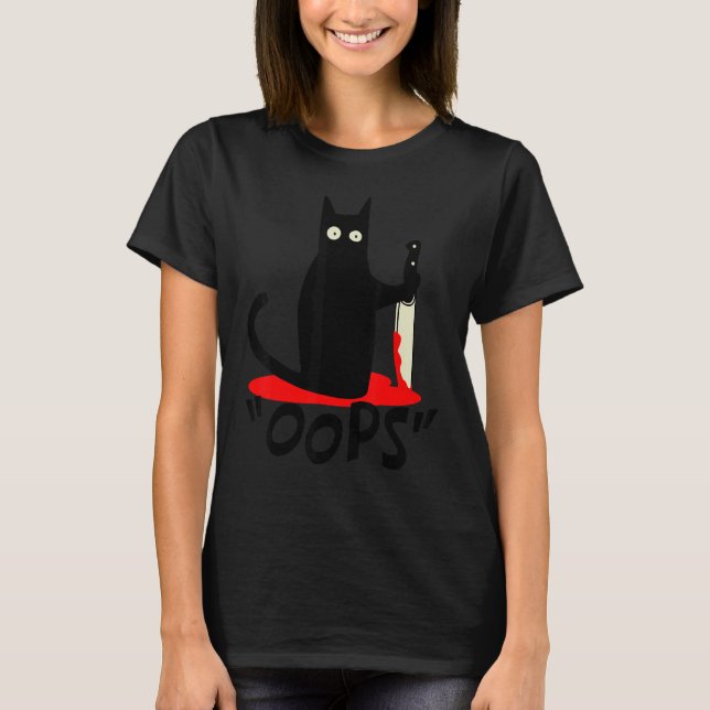 Cat Oops Black Cat Murderous Katze mit Knife Hallo T-Shirt (Vorderseite)