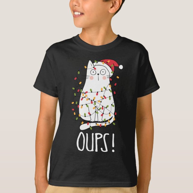 Cat Oups! White Cat Tangled Up in Christmas Tree L T-Shirt (Vorderseite)