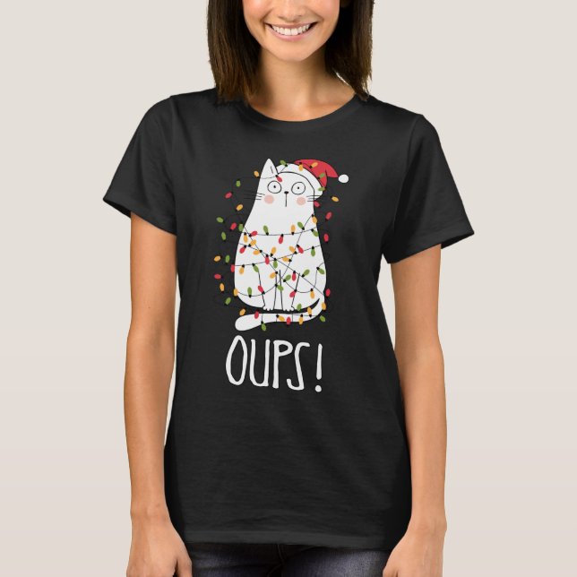 Cat Oups! White Cat Tangled Up in Christmas Tree L T-Shirt (Vorderseite)