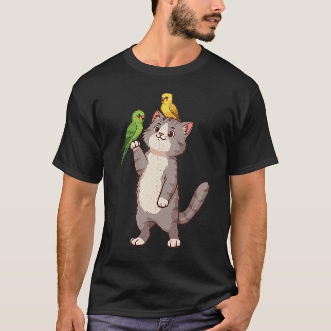 Cat & Parakeets Grafik T-Shirt (Vorderseite)