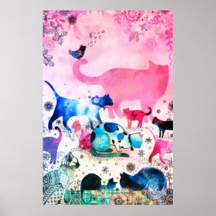 Cat Party House Glitzer Art Pink Watercolor Poster