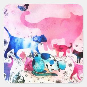 Cat Party House Glitzer Art Pink Watercolor Quadratischer Aufkleber