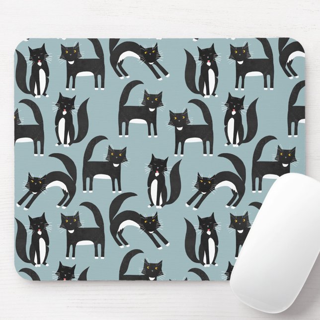 Cat Pattern Blau Mousepad (Black and white tuxedo bicolor cat mouse mat)