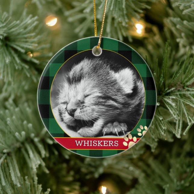 Cat Paw Print, Buffalo Kariert, Baby Kitten Foto Keramik Ornament (Baum)