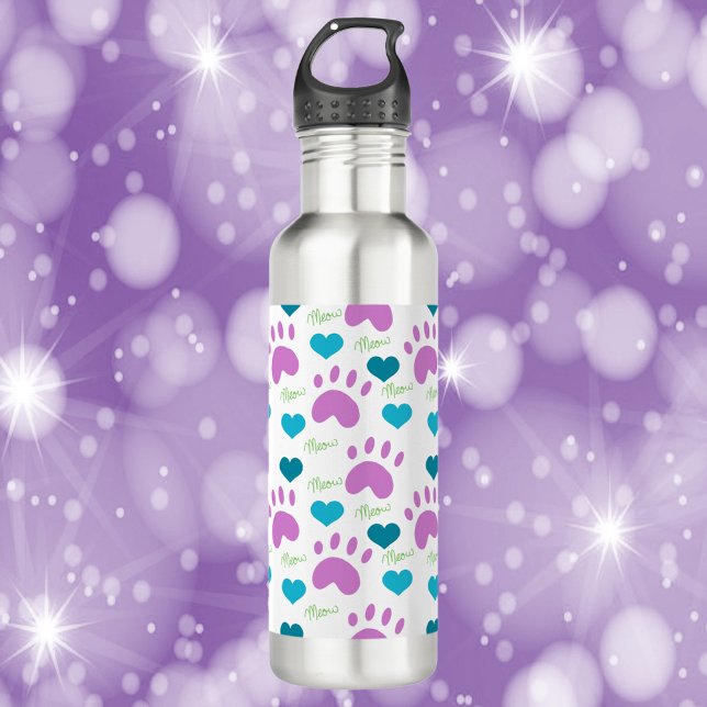 Cat Paw Print Heart Meow Muster Edelstahlflasche (A water bottle with a pattern of cat paw prints, hearts and the word meow.)