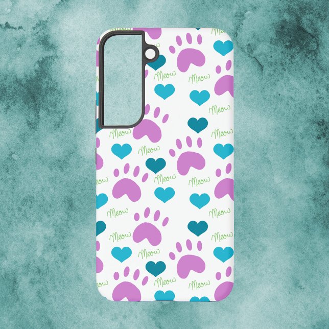 Cat Paw Print Heart Meow Muster Rosa Blau Grün Samsung Galaxy Hülle (A phone case with a pattern of cat paw prints, hearts and the word meow.)