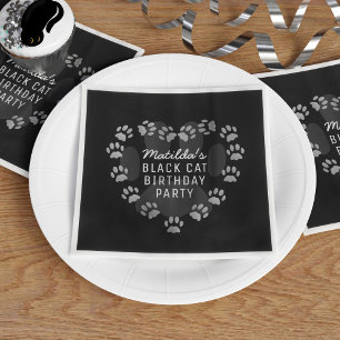 Cat Paw Print Heart Pet Black Party Napkins Serviette