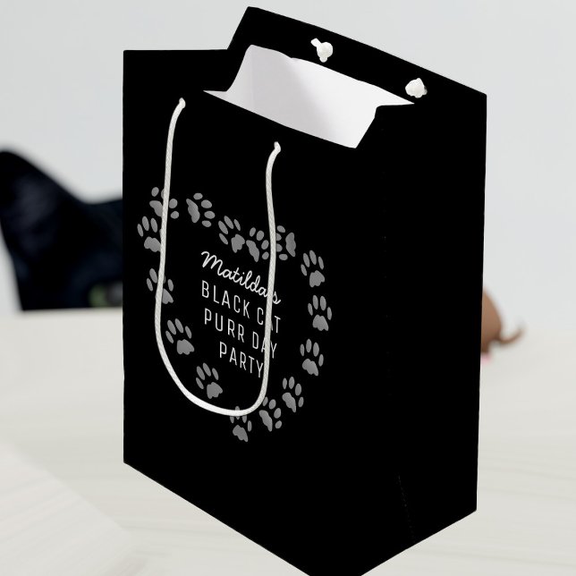 Cat Paw Print Heft Pet Birthday Black Geschenktasc Mittlere Geschenktüte (Purrfect gift bag for your black cat's purrday (or yours) Add your text)