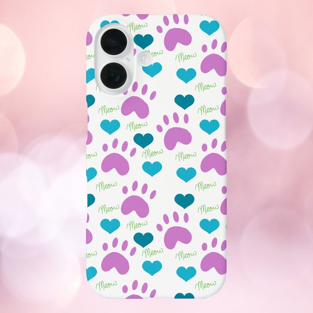 Cat Paw Prints Halbdunkel Muster Pink Aquamarin gr Case-Mate iPhone Hülle (A phone case with a pattern of pink cat paw prints, teal hearts and the word meow in green)