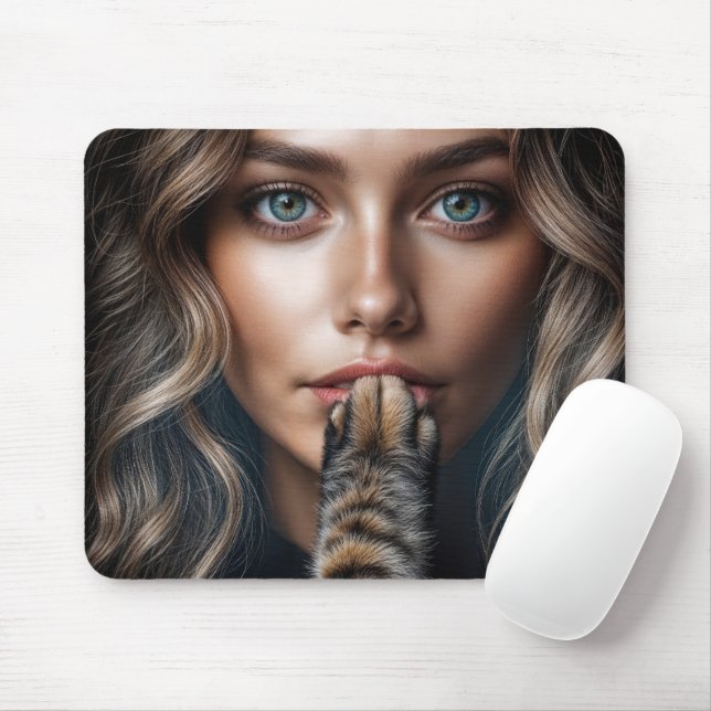 Cat Paw Silencing a Pretty Woman Mousepad (Mit Mouse)