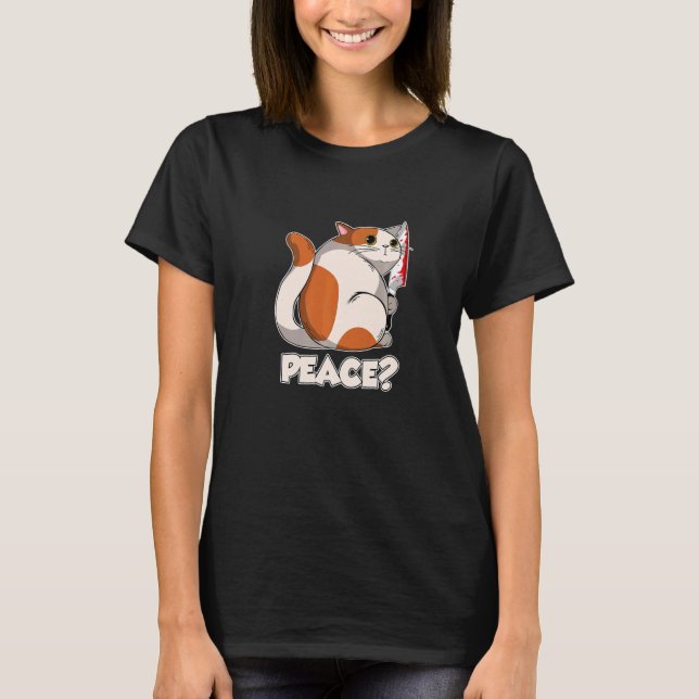 Cat Peace Murderous Cat With Knife   T-Shirt (Vorderseite)