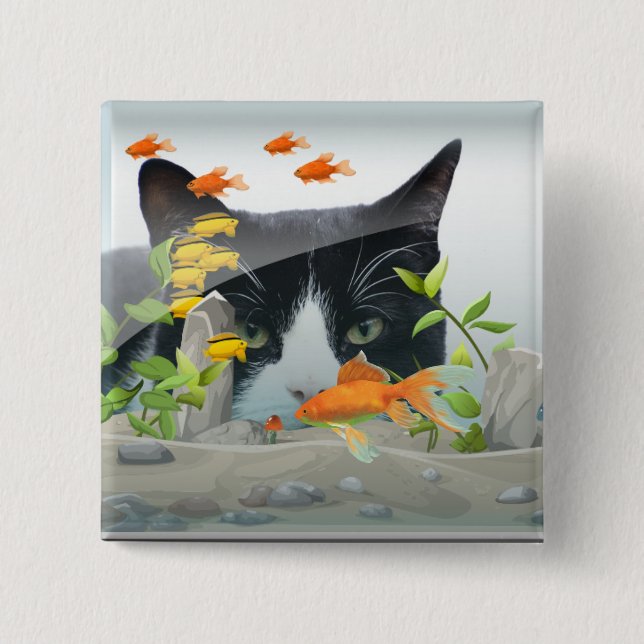 Cat Peering in Fish Tank Button (Vorderseite)