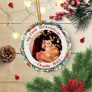 Cat Pet Erste Weihnachtsfeier Foto Wartercolor Kra Keramik Ornament
