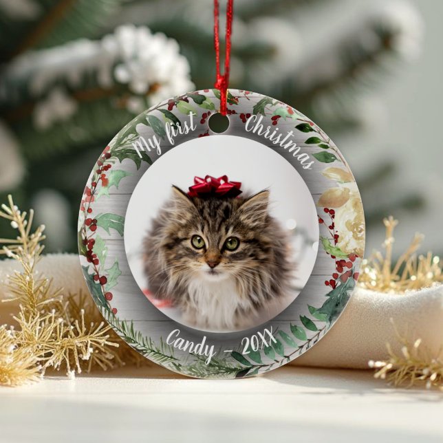 Cat Pet Erstes Weihnachtsfest Foto Rusti Wreaths Keramik Ornament (Von Creator hochgeladen)