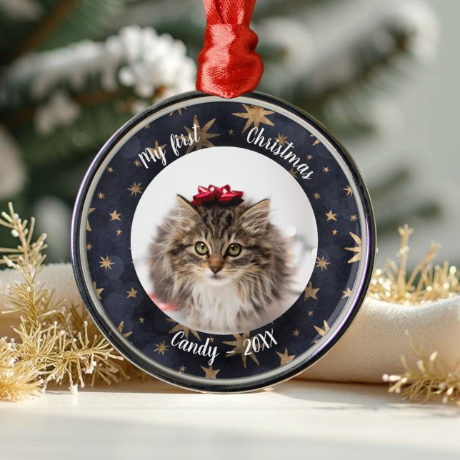 Cat Pet Erstes Weihnachtsfest Foto Rustikale Messi Ornament Aus Metall (Von Creator hochgeladen)