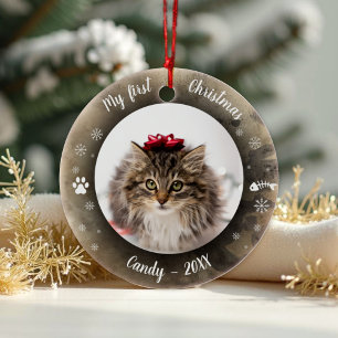 Cat Pet Erstes Weihnachtsfest Foto Rustikale Tierw Keramik Ornament