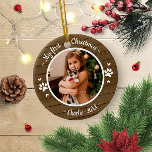 Cat Pet First Christmas Einfaches Foto Rustikal Keramik Ornament