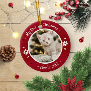 Cat Pet First Christmas Einfaches Foto Rustikal Ornament Aus Metall