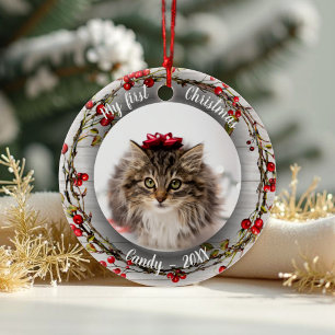 Cat Pet First Christmas Foto Red Berry Wreath Keramik Ornament