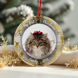 Cat Pet First Christmas Foto Wreaths Gold Fohlen Keramik Ornament