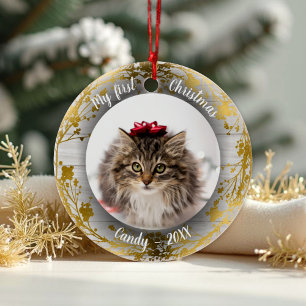 Cat Pet First Christmas Foto Wreaths Gold Fohlen Keramik Ornament