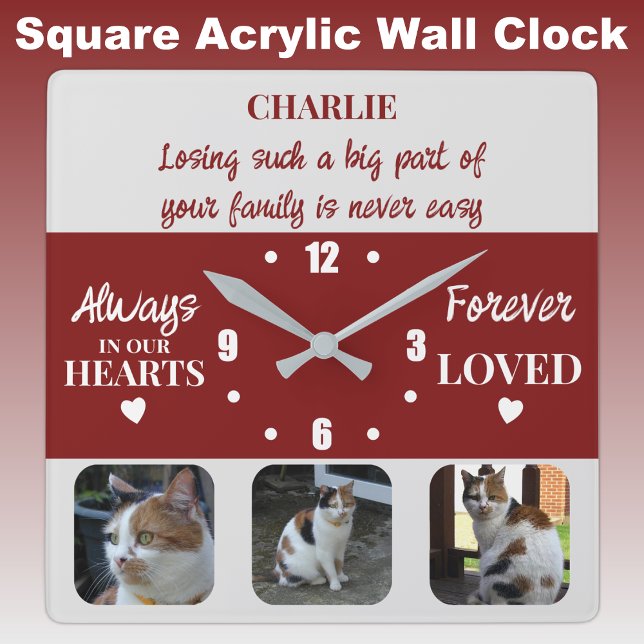 Cat pet Loss Keepake Memorial burgundy Quadratische Wanduhr (Von Creator hochgeladen)