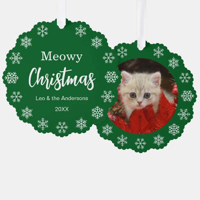 Cat Photo Meowy Christmas Snowflakes Green Pet Ornament Karte (Vorderseite/Rückseite)