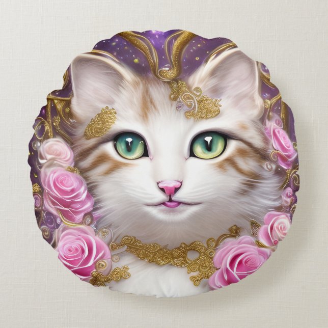 Cat Pink Gold Rose Malerei Rundes Kissen (Vorderseite)