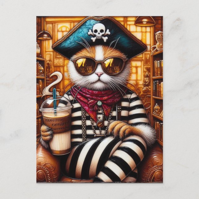 Cat Pirate trinken Eiskaffee enursächlichen Kunsts Postkarte (Vorderseite)
