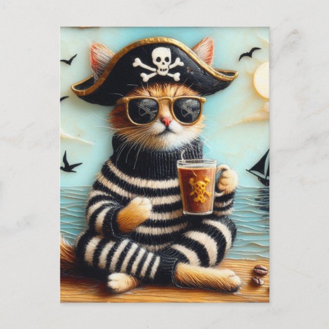 Cat Pirate trinken Kaffee enauskausale Art Stil Postkarte (Vorderseite)